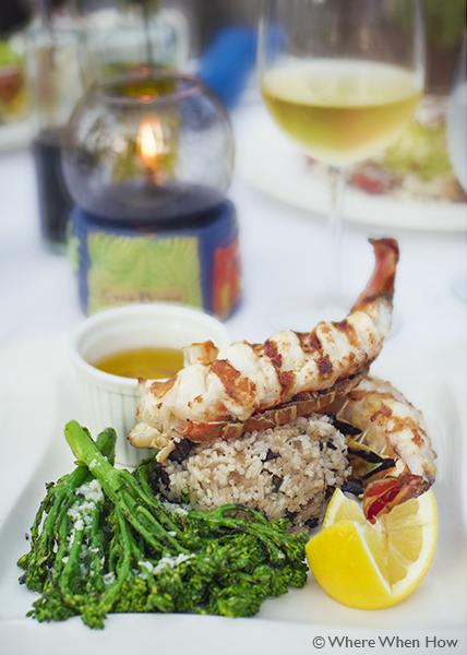 A photograph of the locally caught simply grilled Caicos lobster tail at Coco Bistro, Grace Bay Road, Providenciales (Provo), Turks and Caicos Islands.