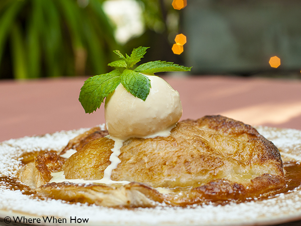 A photograph of The perfect dessert, Baked Apple Pie a la Mode for two at Coyaba Restaurant, Grace Bay, Providenciales (Provo), Turks and Caicos Islands.