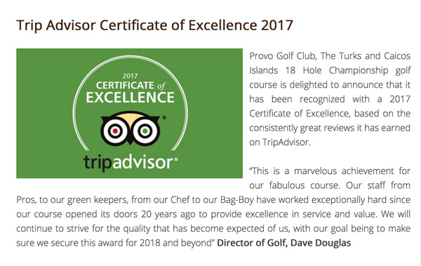 A photograph of Provo Golf Club, Trip Advisor Certificate of Excellence, Turks and Caicos Islands, British West Indies