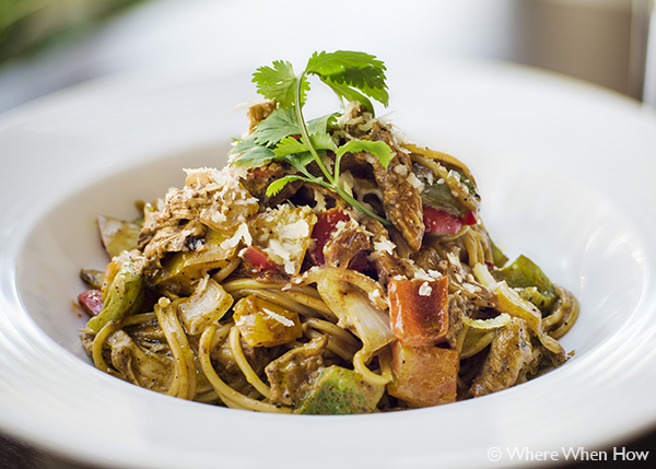 A photograph of Jerk Chicken Rasta Pasta at The Vix Bar & Grill, Regent Village, Grace Bay, Providenciales (Provo), Turks and Caicos Islands.